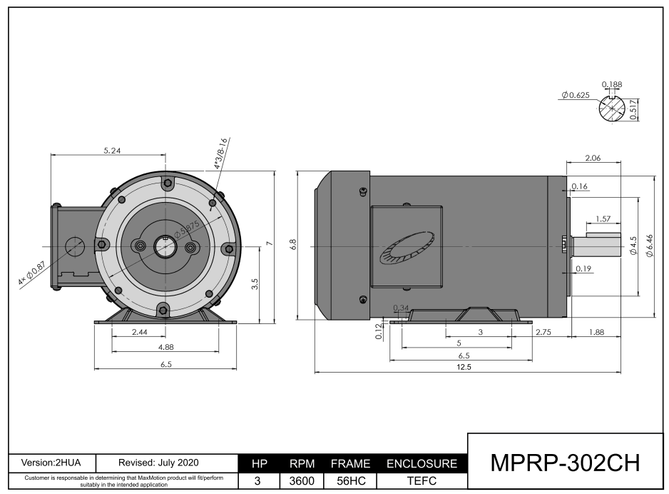 Max Motion MPRP-302CH | General Purpose Motor 3HP, 3600RPM, 575V, Frame 56HC, TEFC