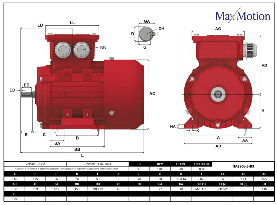 Max Motion IJA290L-6-24 | IEC Motor 1.5HP, 1200RPM, 208-230/460V, Frame 90L, TEFC