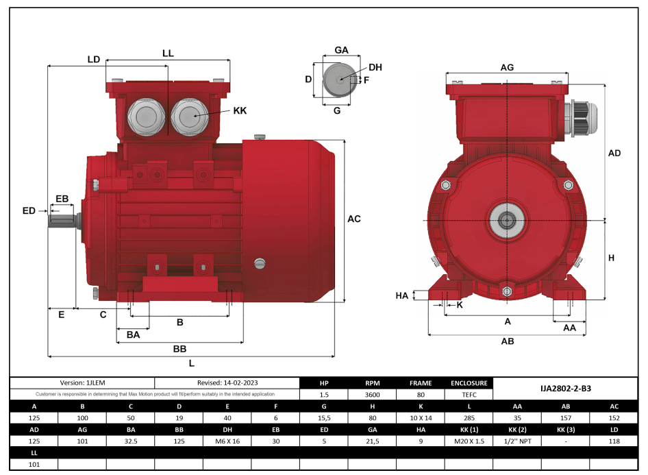 Max Motion IJA2802-2-24 | IEC Motor 1.5HP, 3600RPM, 208-230/460V, Frame 80, TEFC
