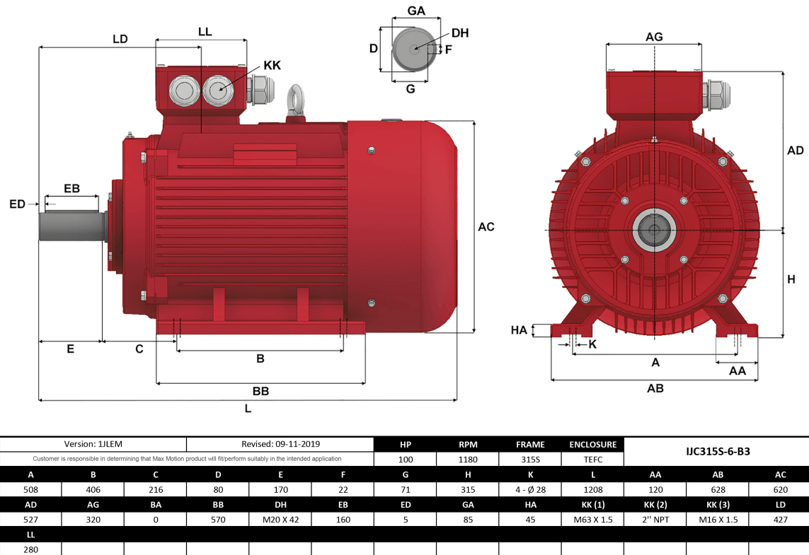 Max Motion IJC315S-6-47 | IEC Motor 100HP, 1200RPM, 460/796V, Frame 315S, TEFC