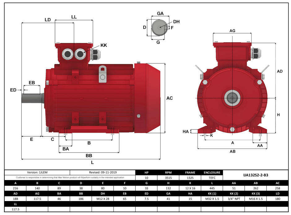 Max Motion IJA132S2-2-46 | IEC Motor 10HP, 3600RPM, 208-230/460V, Frame 132S, TEFC