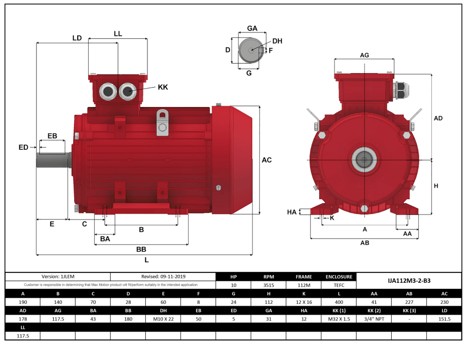 Max Motion IJA112M3-2-59 | IEC Motor 10HP, 3600RPM, 575/990V, Frame 112M, TEFC