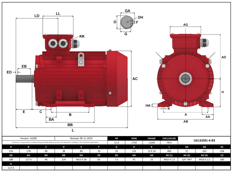 Max Motion IJA132M1-4-46 | IEC Motor 12.4HP, 1800RPM, 208-230/460V, Frame 132M, TEFC