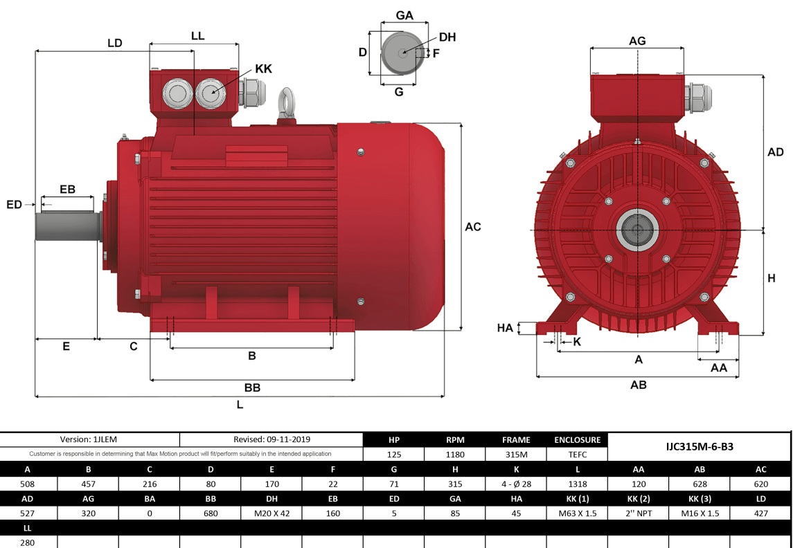 Max Motion IJC315M-6-47 | IEC Motor 125HP, 1200RPM, 460/796V, Frame 315M, TEFC