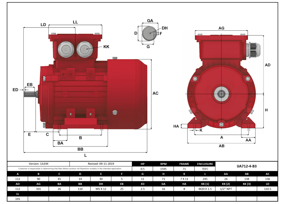 Max Motion IJA712-4-24 | IEC Motor 1/2HP, 1800RPM, 208-230/460V, Frame 71, TEFC
