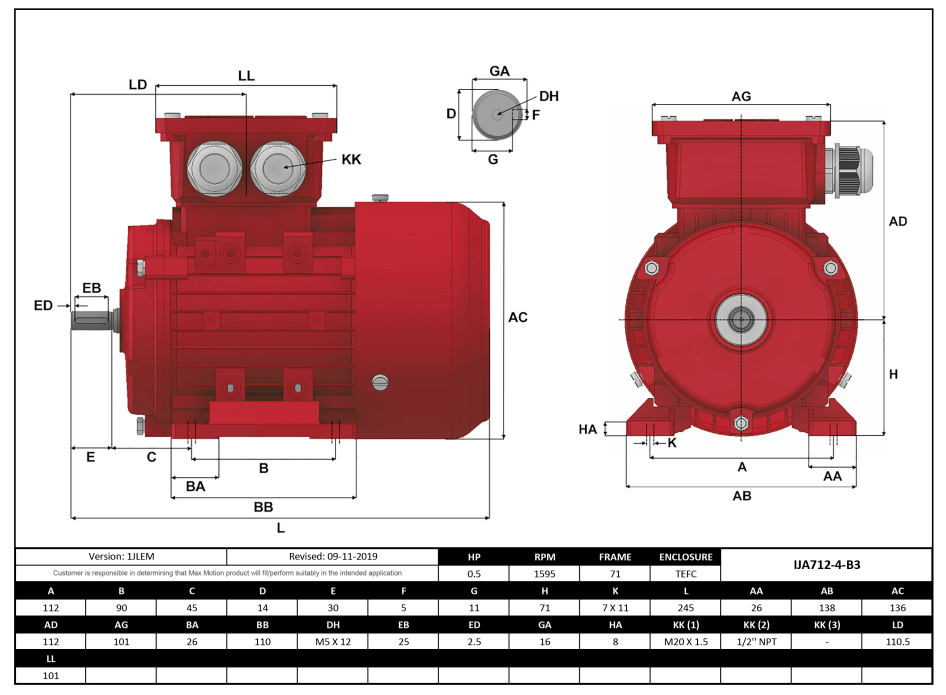 Max Motion IJA712-4-35 | IEC Motor 1/2HP, 1800RPM, 333/575V, Frame 71, TEFC