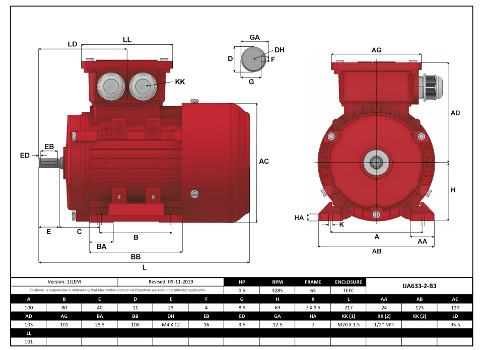 Max Motion IJA633-2-24 | IEC Motor 1/2HP, 3600RPM, 208-230/460V, Frame 63, TEFC