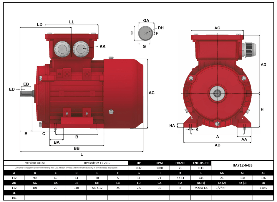 Max Motion IJA712-6-24 | IEC Motor 1/3HP, 1200RPM, 208-230/460V, Frame 71, TEFC