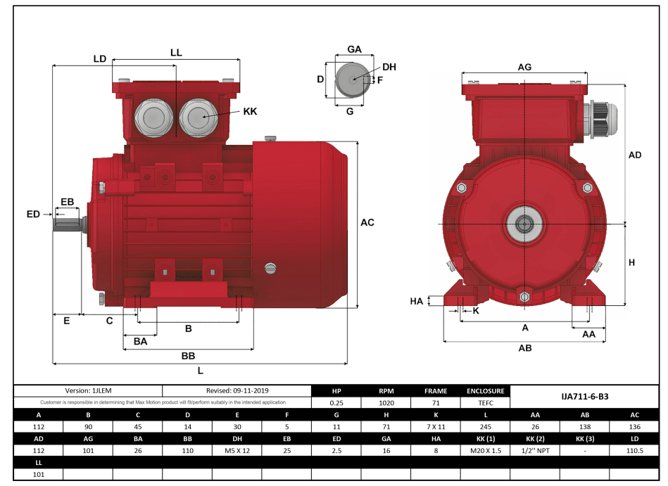 Max Motion IJA711-6-24 | IEC Motor 1/4HP, 1200RPM, 208-230/460V, Frame 71, TEFC
