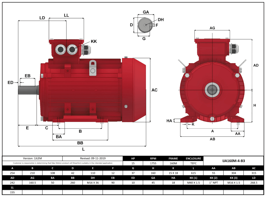 Max Motion IJA160M-4-46 | IEC Motor 15HP, 1800RPM, 208-230/460V, Frame 160M, TEFC