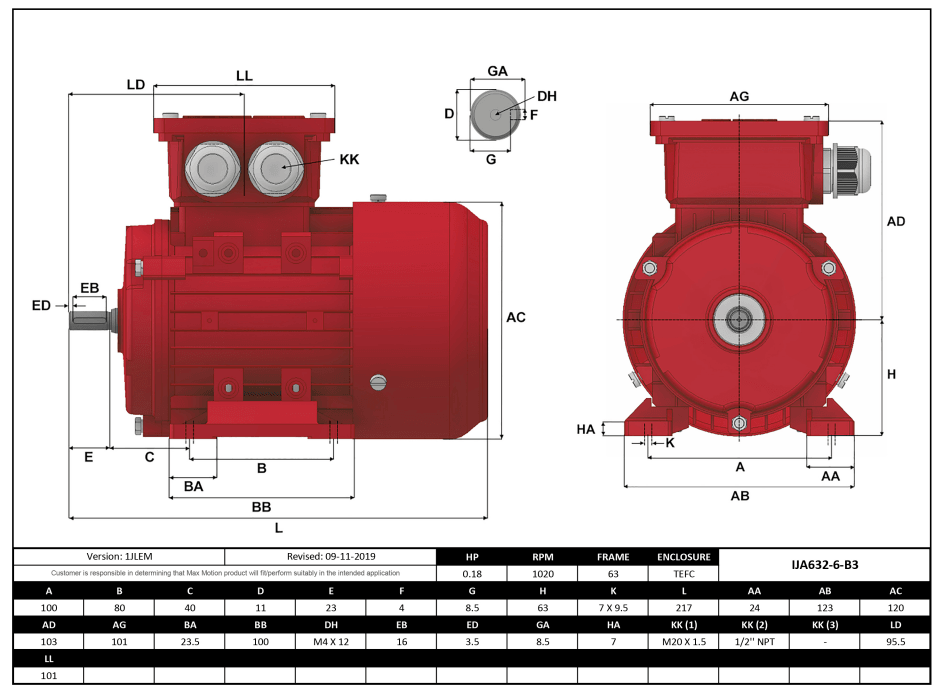 Max Motion IJA632-6-35 | IEC Motor 1/6HP, 1200RPM, 333/575V, Frame 63, TEFC