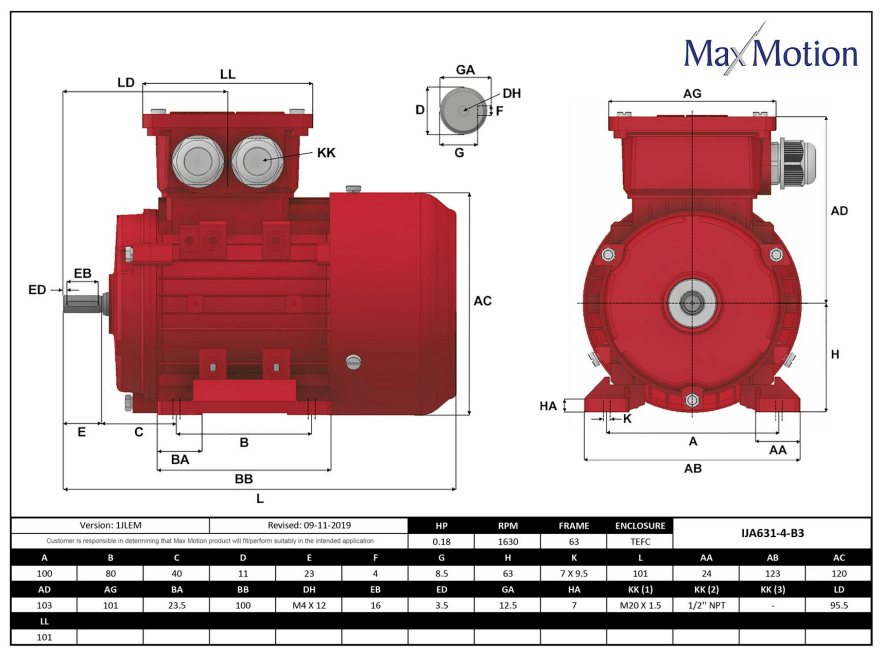 Max Motion IJA631-4-24 | IEC Motor 1/6HP, 1800RPM, 208-230/460V, Frame 63, TEFC