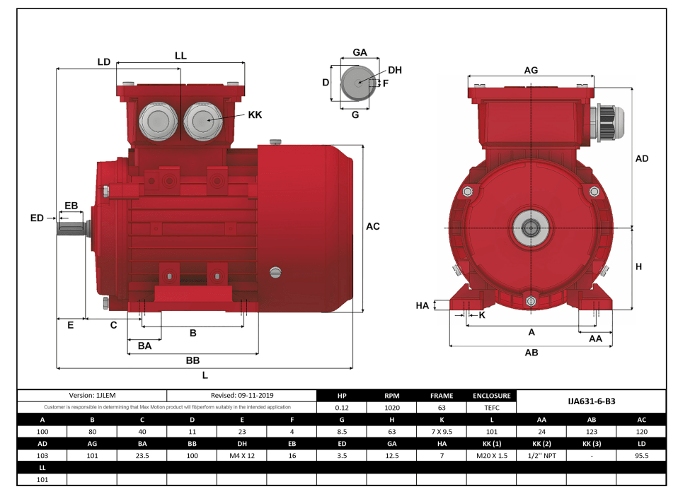 Max Motion IJA631-6-35 | IEC Motor 1/8HP, 1200RPM, 333/575V, Frame 63, TEFC