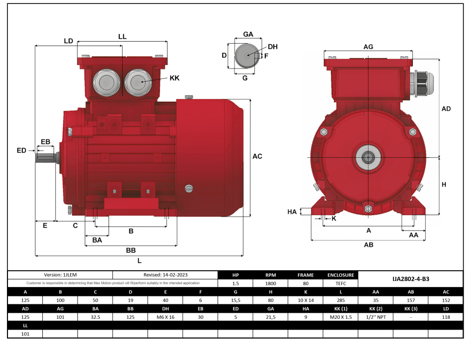 Max Motion IJA2802-4-24 | IEC Motor 1HP, 1800RPM, 208-230/460V, Frame 80, TEFC