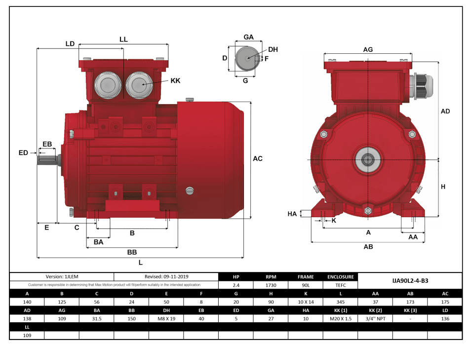 Max Motion IJA90L2-4-24 | IEC Motor 2.4HP, 1800RPM, 208-230/460V, Frame 90L, TEFC