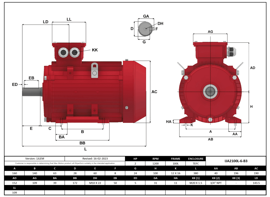 Max Motion IJA2100L-6-35 | IEC Motor 2HP, 1200RPM, 333/575V, Frame 100L, TEFC