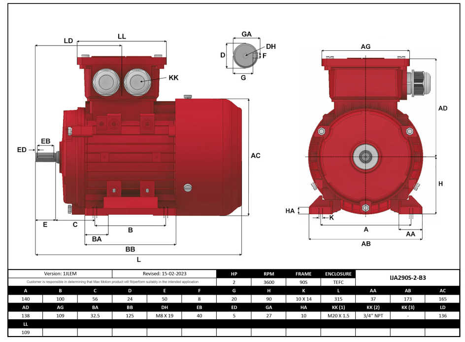 Max Motion IJA290S-2-24 | IEC Motor 2HP, 3600RPM, 208-230/460V, Frame 90S, TEFC