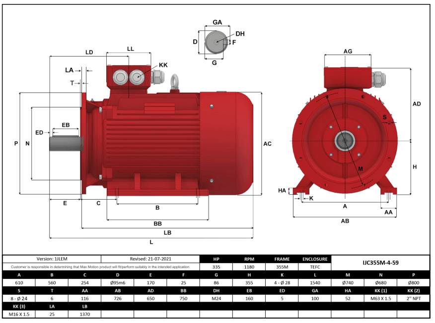 Max Motion IJC355M-4-59 | IEC Motor 340HP, 1800RPM, 575/990V, Frame 355M, TEFC