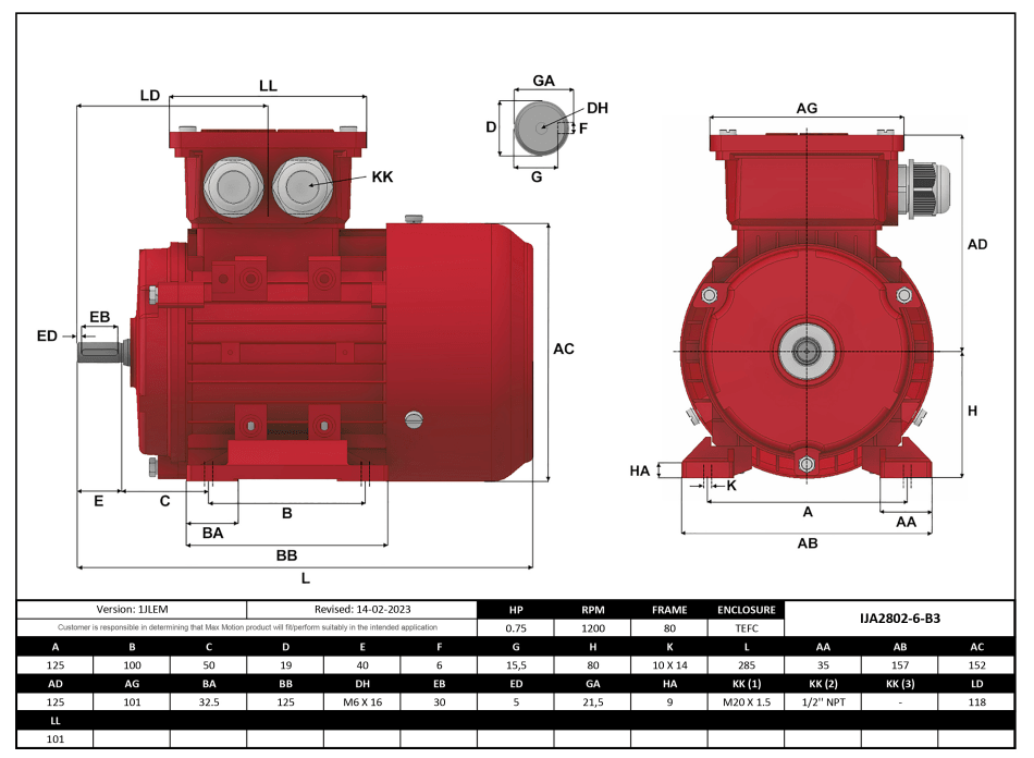 Max Motion IJA2802-6-35 | IEC Motor 3/4HP, 1200RPM, 333/575V, Frame 80, TEFC