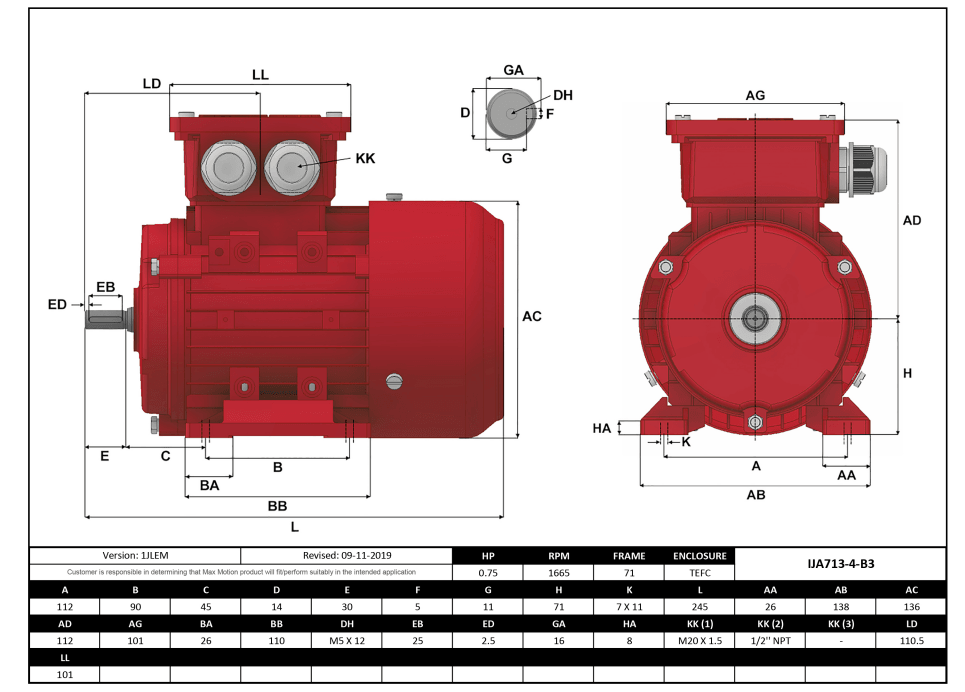 Max Motion IJA713-4-24 | IEC Motor 3/4HP, 1800RPM, 208-230/460V, Frame 71, TEFC
