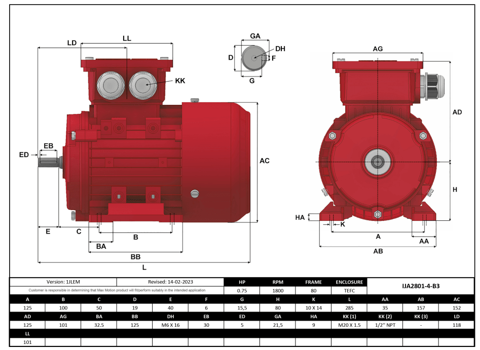 Max Motion IJA2801-4-24 | IEC Motor 3/4HP, 1800RPM, 208-230/460V, Frame 80, TEFC