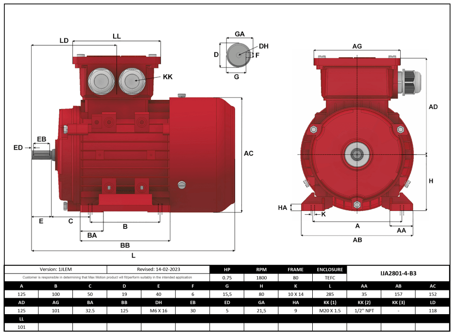 Max Motion IJA2801-4-35 | IEC Motor 3/4HP, 1800RPM, 333/575V, Frame 80, TEFC