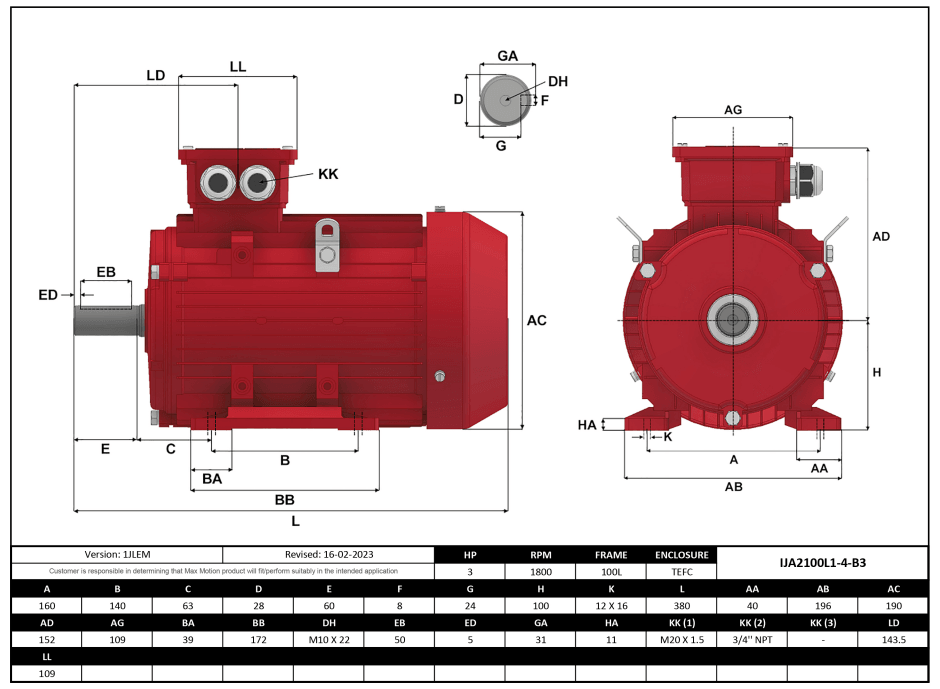 Max Motion IJA2100L1-4-24 | IEC Motor 3HP, 1800RPM, 208-230/460V, Frame 100L, TEFC
