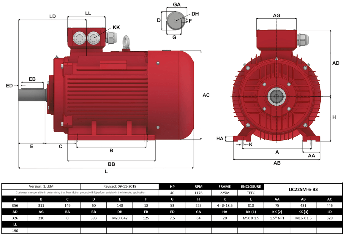 Max Motion IJC225M-6-59 | IEC Motor 40HP, 1200RPM, 575/990V, Frame 225M, TEFC