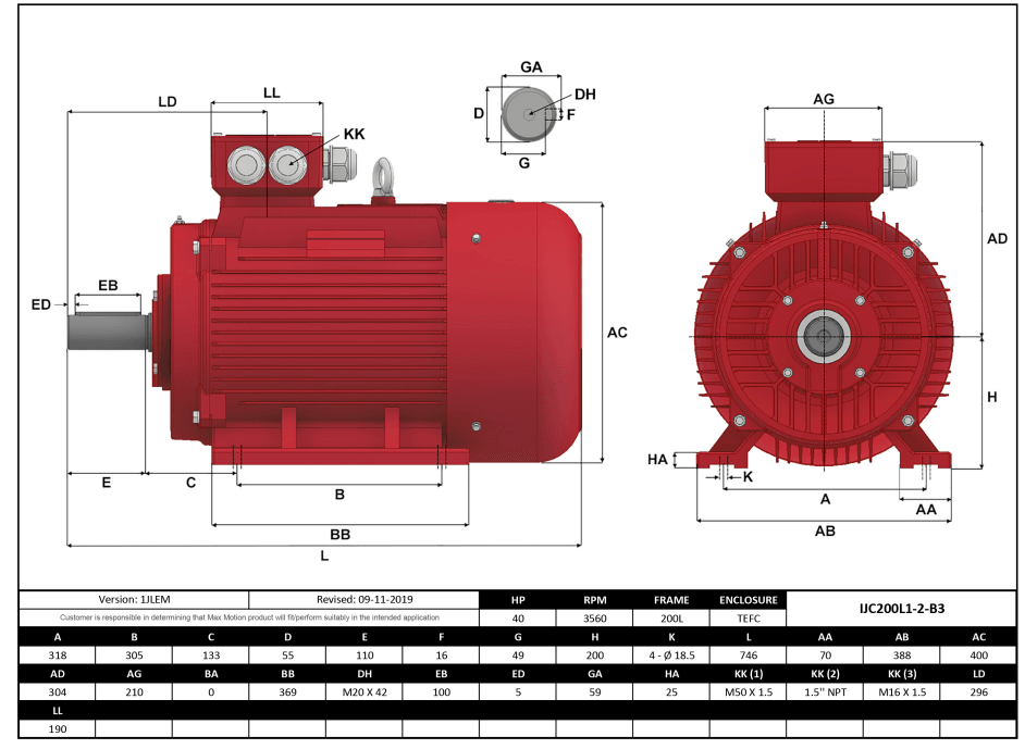 Max Motion IJC200L1-2-59 | IEC Motor 40HP, 3600RPM, 575/990V, Frame 200L, TEFC
