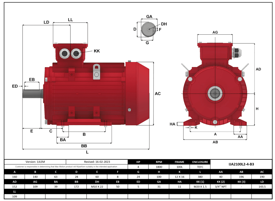 Max Motion IJA2100L2-4-35 | IEC Motor 4HP, 1800RPM, 333/575V, Frame 100L, TEFC