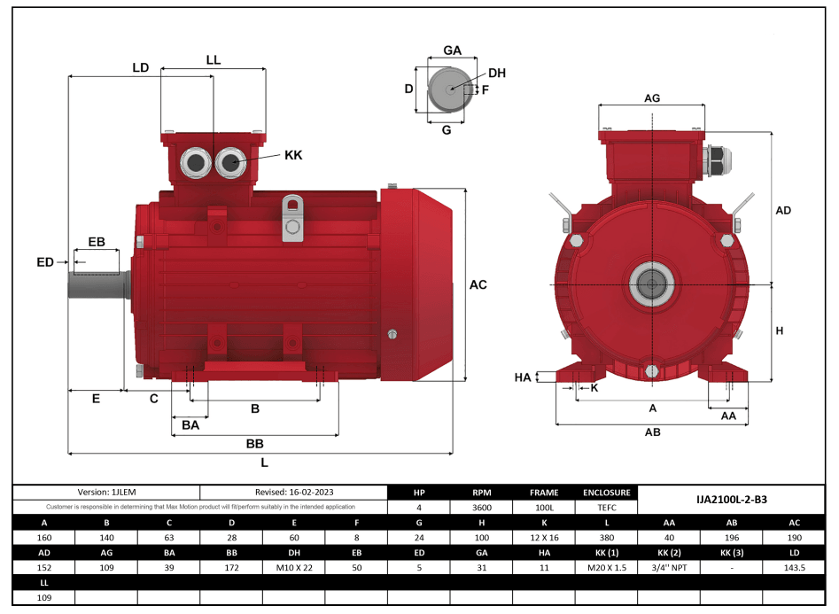 Max Motion IJA2100L-2-24 | IEC Motor 4HP, 3600RPM, 208-230/460V, Frame 100L, TEFC