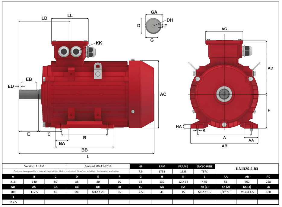 Max Motion IJA132S-4-46 | IEC Motor 7.5HP, 1800RPM, 208-230/460V, Frame 132S, TEFC