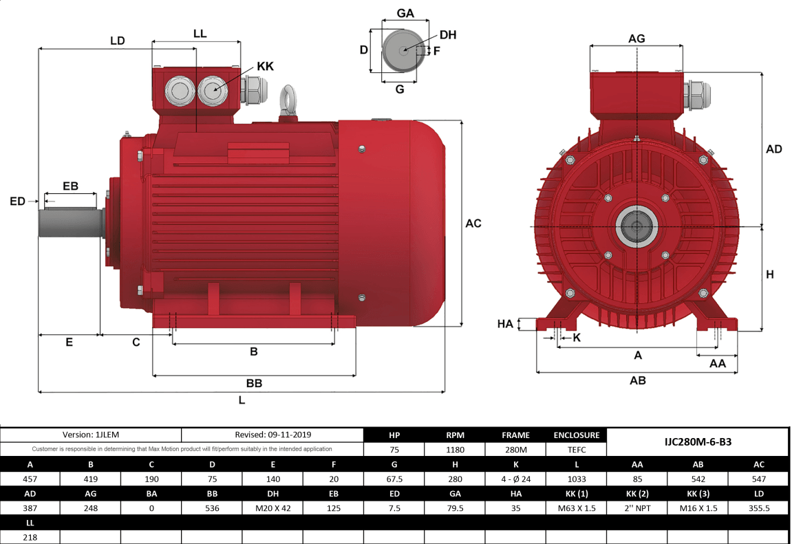 Max Motion IJC280M-6-47 | IEC Motor 75HP, 1200RPM, 460/796V, Frame 280M, TEFC