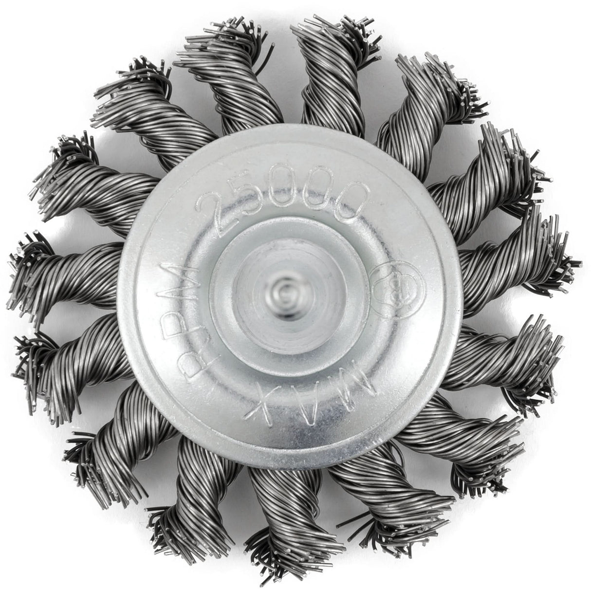 Shaft Mounted Knot Twisted Radial Brush, 3" Dia., 0.02" Fill, 1/4" Arbor, Stainless Steel
