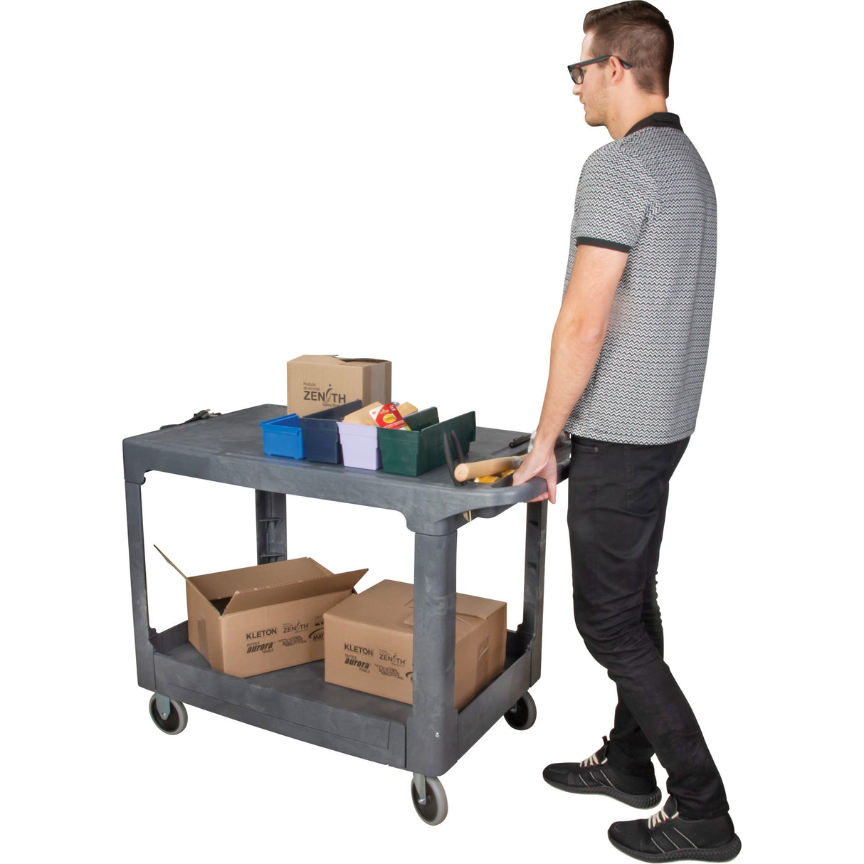 Flat-Shelf Utility Service Cart, 2 Tiers, 25-1/4" x 32-1/4" x 44", 550 lbs. Capacity