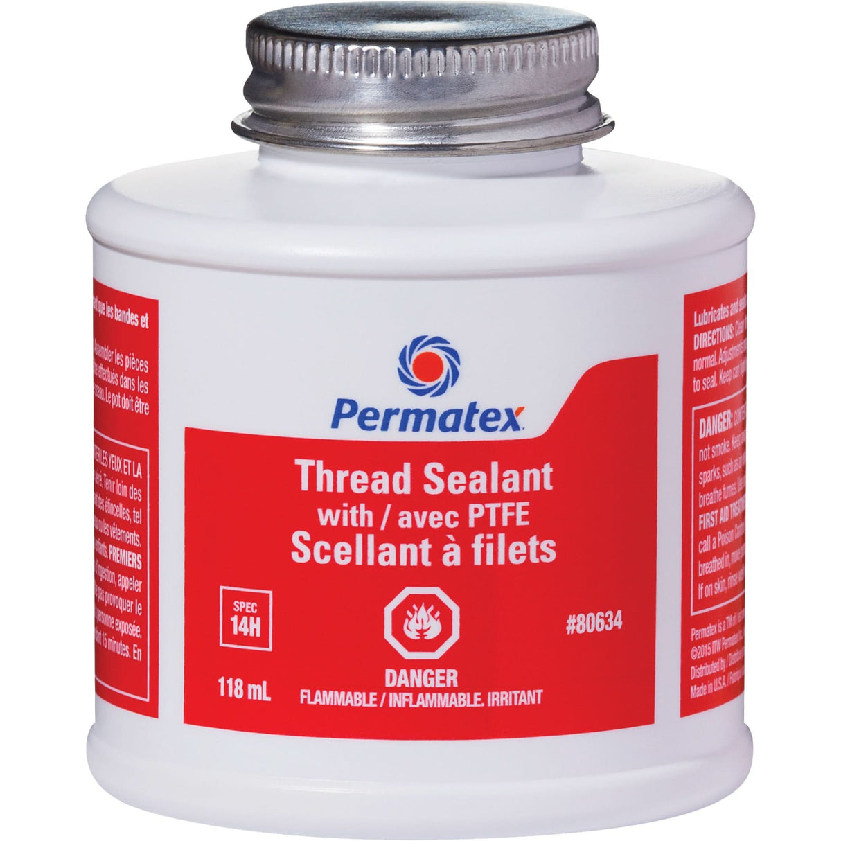 Thread Sealant with PTFE, Brush Top Bottle, 118 ml, -54°C - 150°C/-65°F - 300°F
