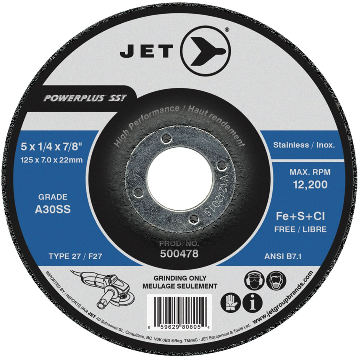A30SS Powerplus SST Grinding Wheel, 5" x 1/4", 7/8" Arbor, Type T27