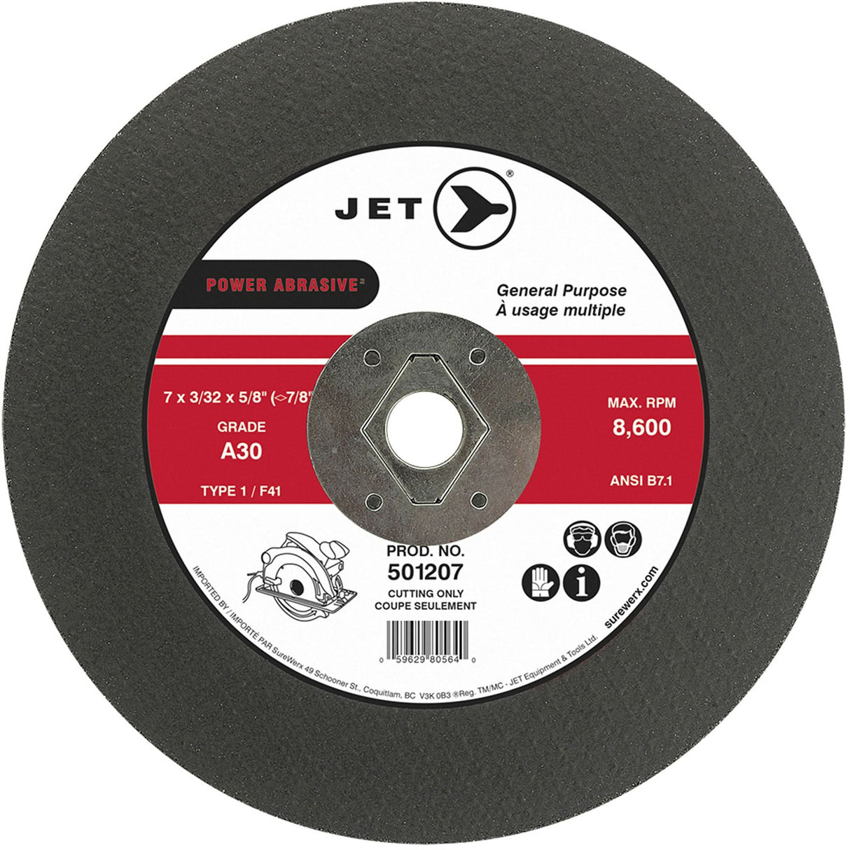 Power Abrasive Cut-Off Wheel, 7" x 3/32", 5/8" Arbor, Type 1, 8600 RPM
