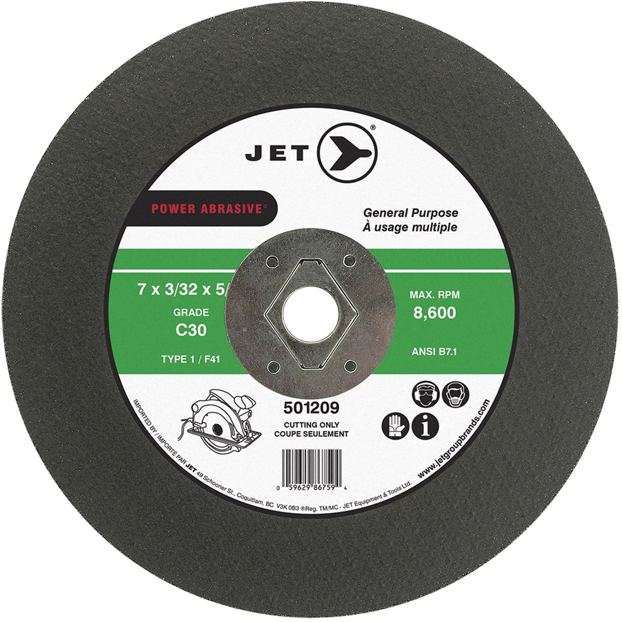 C30 Power Abrasive Cut-Off Wheel, 7" x 0.094", 5/8" Arbor, Type T1, 8600 RPM