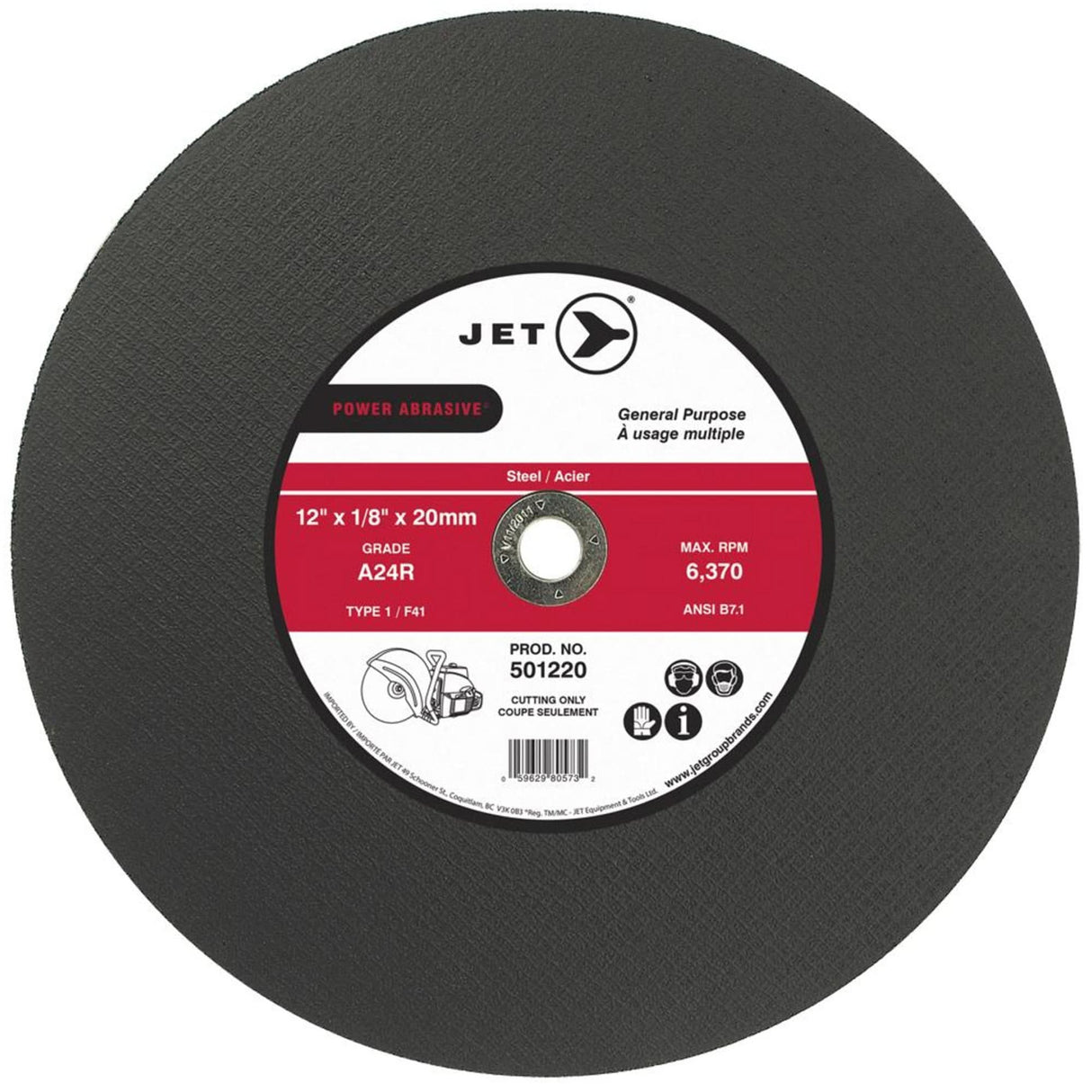 Power Abrasive Cut-Off Wheel, 12" x 1/8", 1" Arbor, Type 1, 6370 RPM