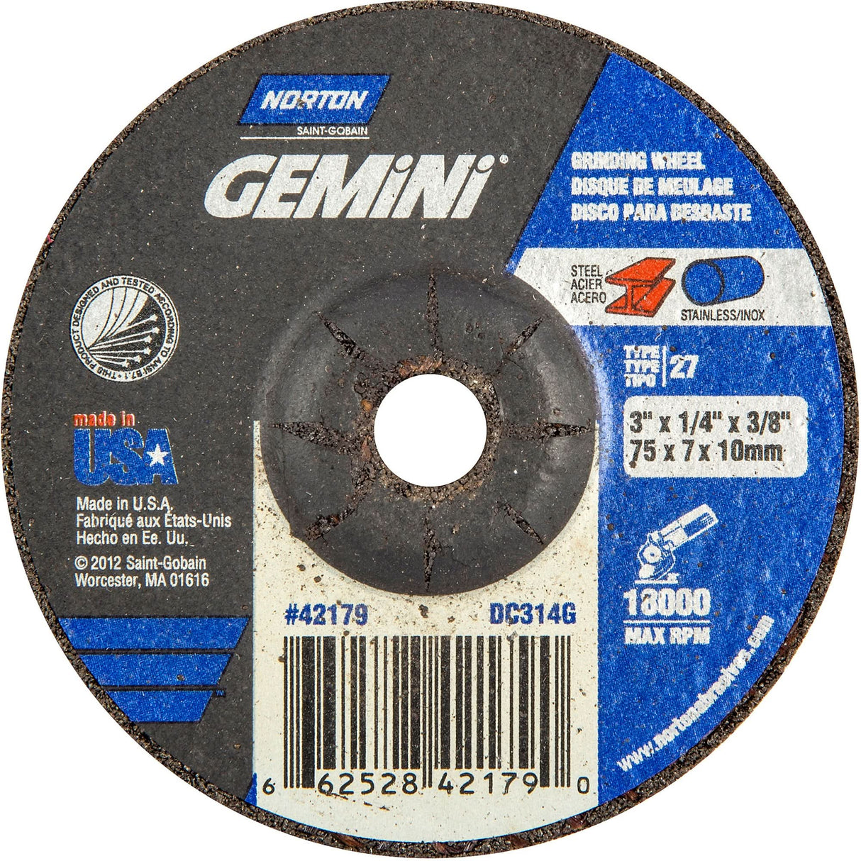 Gemini® Grinding Wheel, 3" x 1/4", 3/8" Arbor, Aluminum Oxide, Type 27