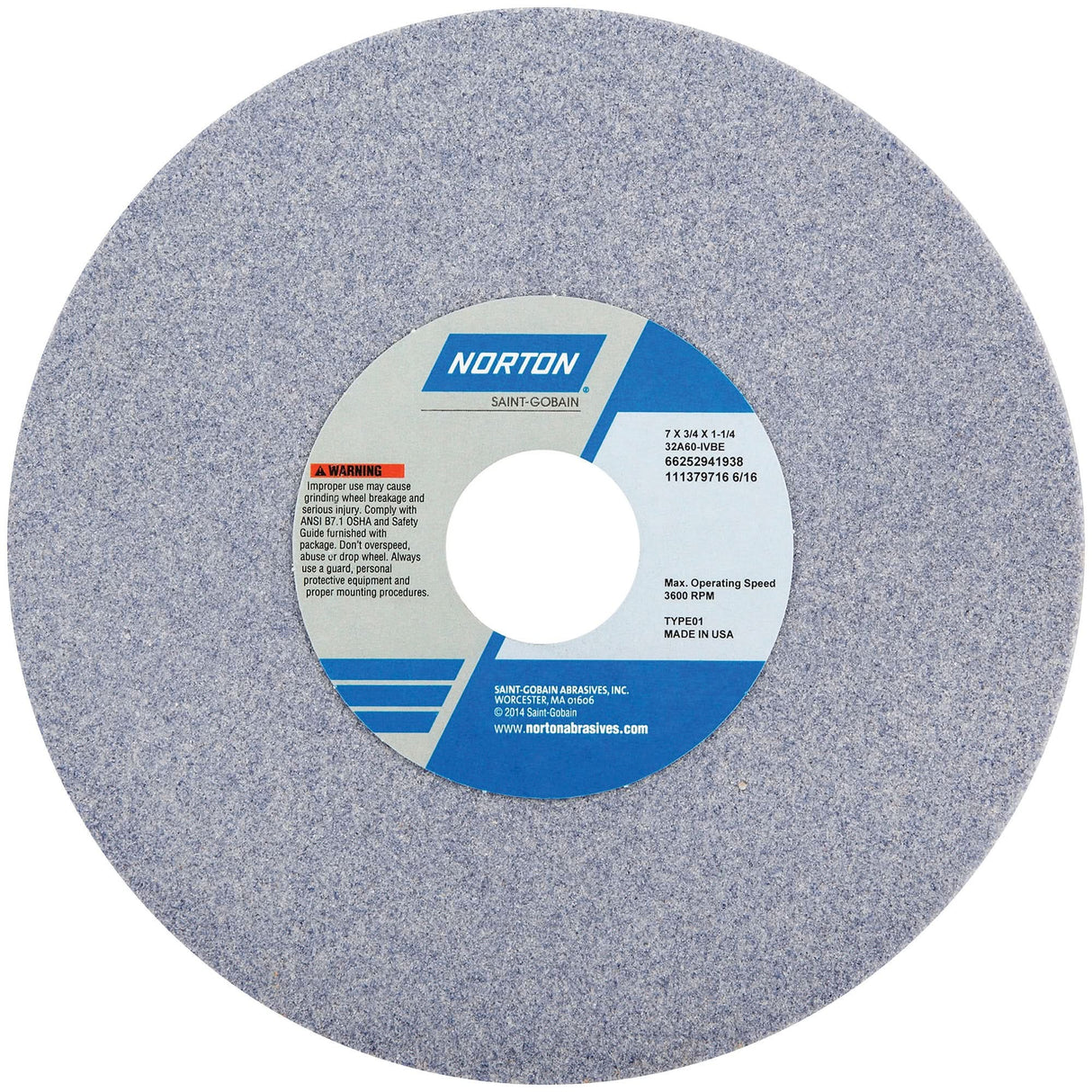 Tool Room Wheel, Type 01, Aluminum Oxide, 7" x 3/4"