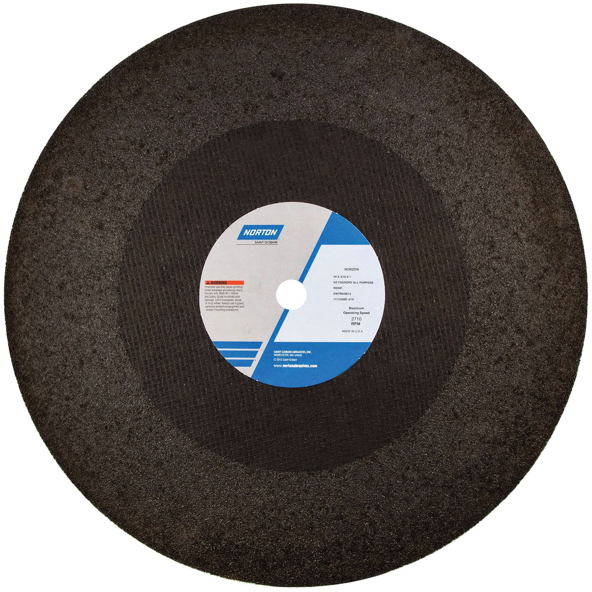 Reinforced Foundry Cut-Off Wheel, 20" x 3/16", 1" Arbor, Type 01/41, Zirconia Alumina, 2710 RPM