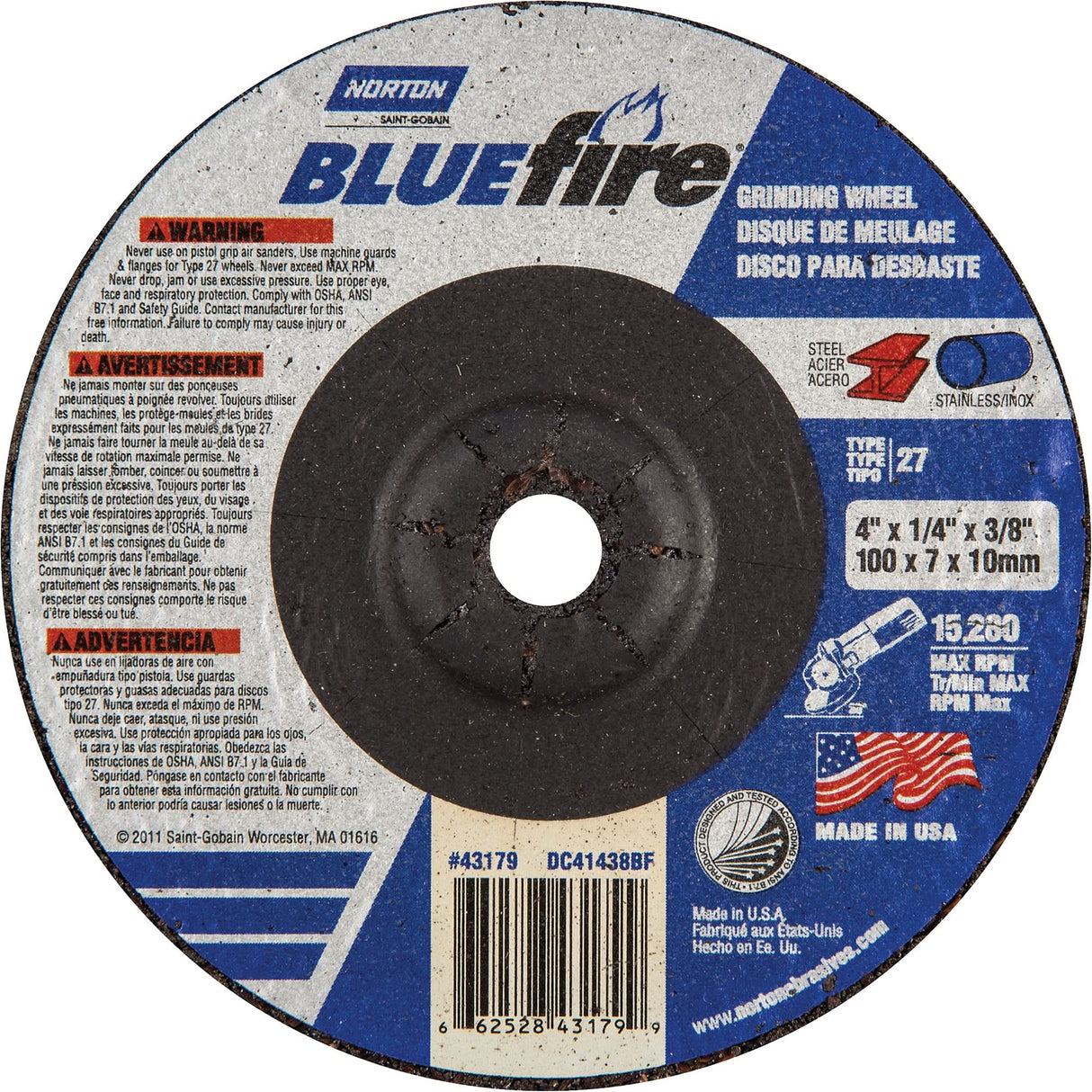 BlueFire® Grinding Wheels, 4" x 1/4", 3/8" Arbor, Zirconia Alumina, Type 27