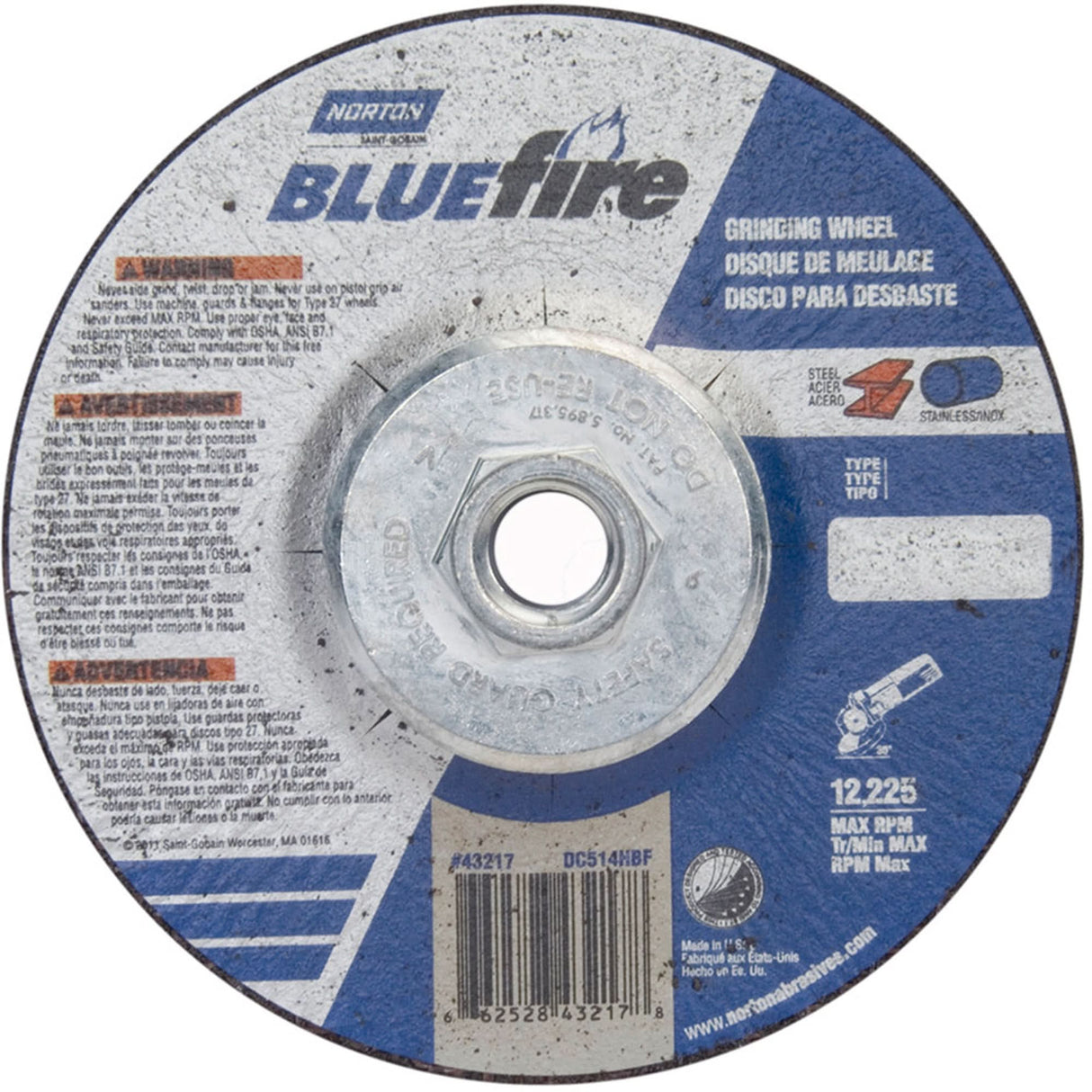 BlueFire® Grinding Wheels, 5" x 1/4", 5/8"-11 Arbor, Zirconia Alumina, Type 27