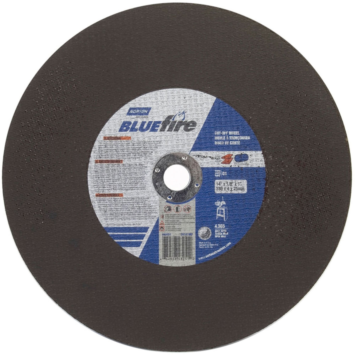 BlueFire® Stationary Saw Cut-Off Wheels, 14" x 1/8", 1" Arbor, Type 01/41, Zirconia Alumina, 4365 RPM