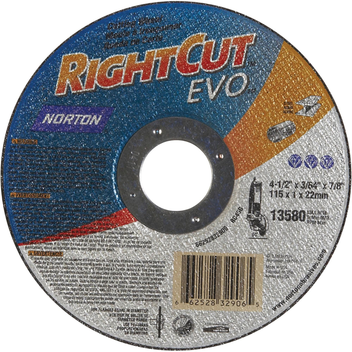 Right Angle Grinder Reinforced Cut-Off Wheels - RightCut™ Evo, 7" x 0.045", 7/8" Arbor, Type 1, Aluminum Oxide, 8730 RPM