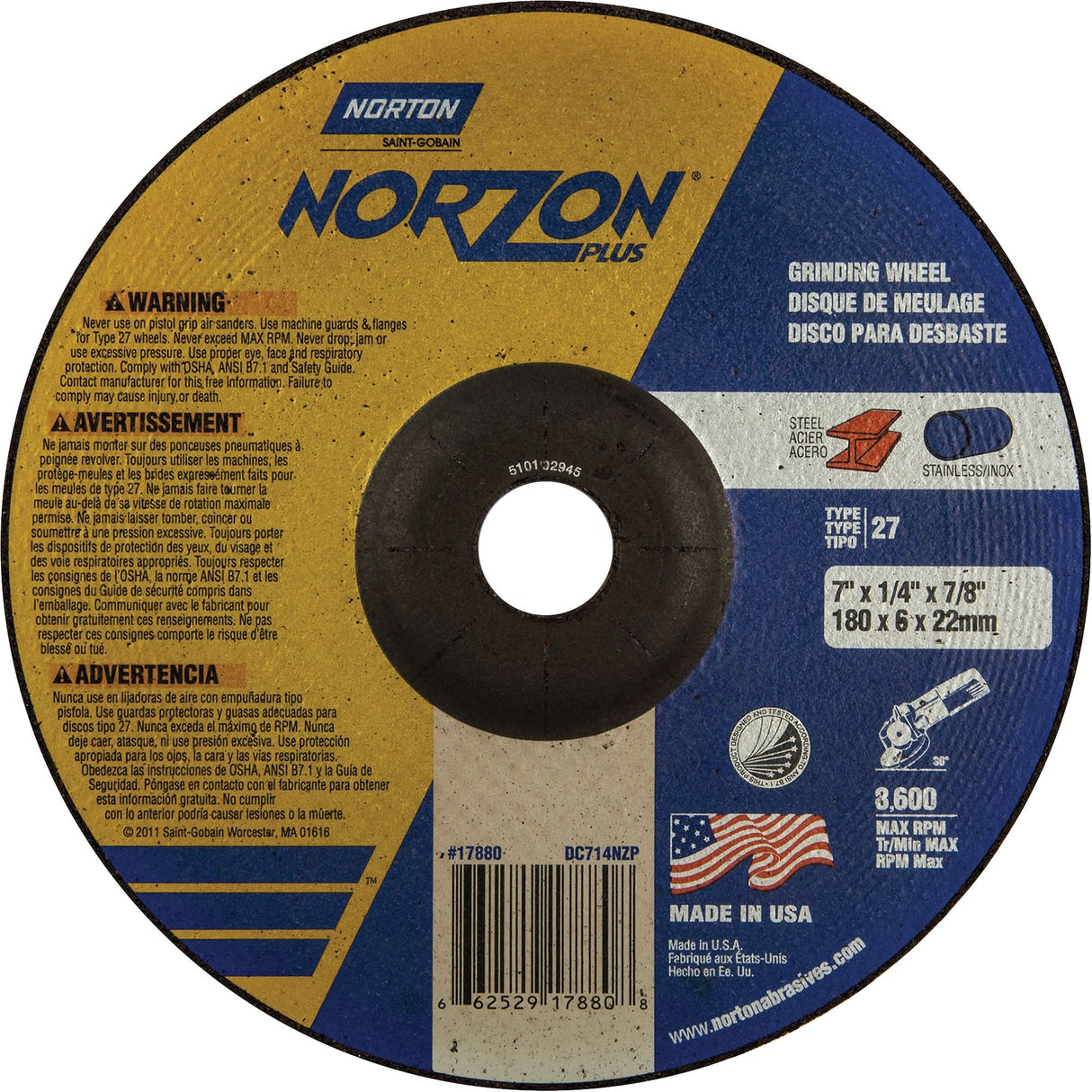 Norzon Plus® Depressed Centre Grinding Wheels, 7" x 1/4", 7/8" Arbor, Ceramic/Zirconium, Type 27