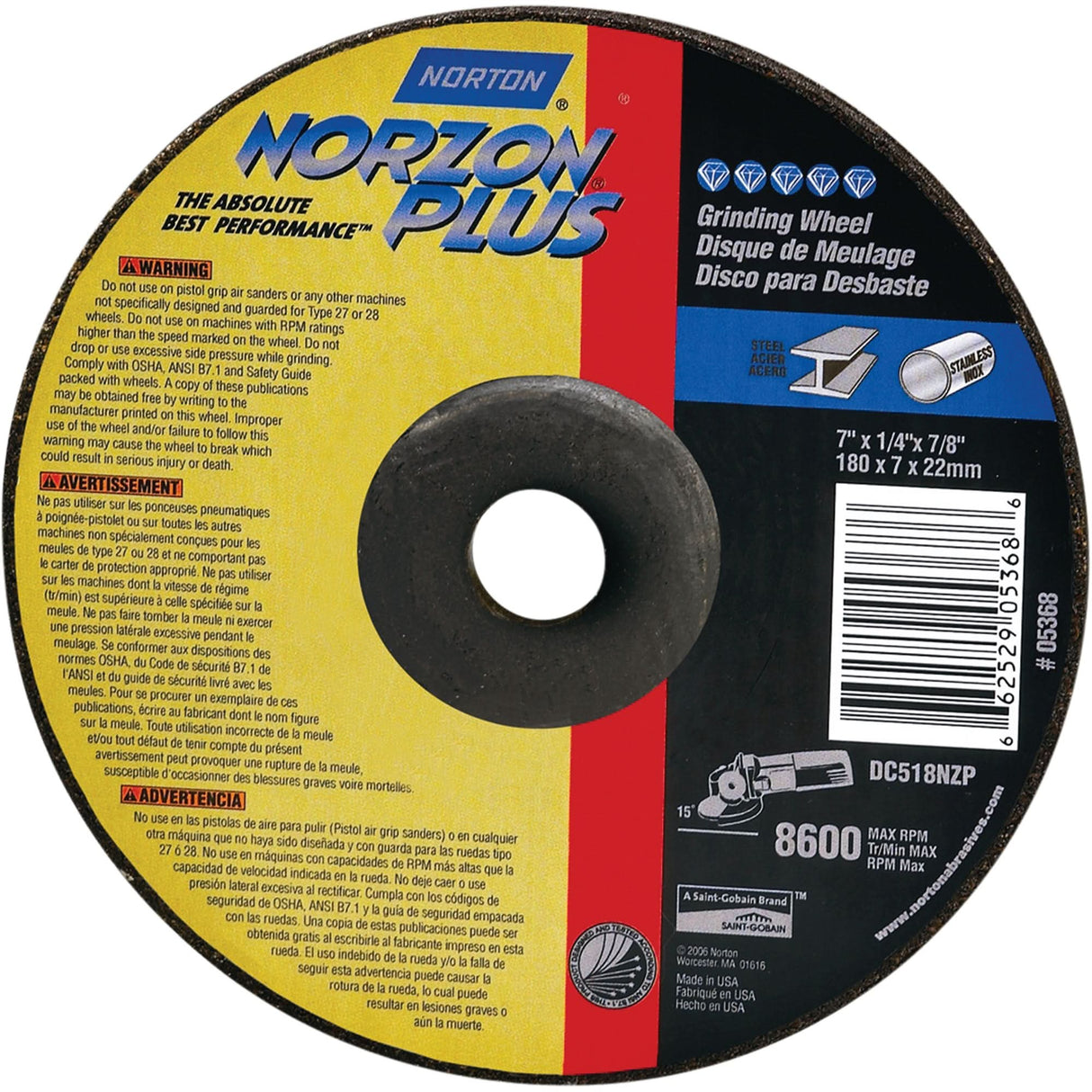 Norzon Plus® Depressed Centre Grinding Wheels, 5" x 1/8", 7/8" Arbor, Ceramic/Zirconium, Type 27