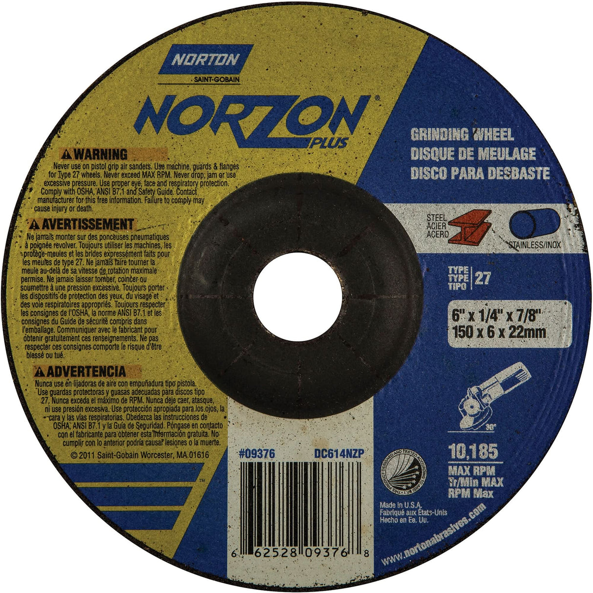 Norzon Plus® Depressed Centre Grinding Wheels, 6" x 1/4", 7/8" Arbor, Ceramic/Zirconium, Type 27